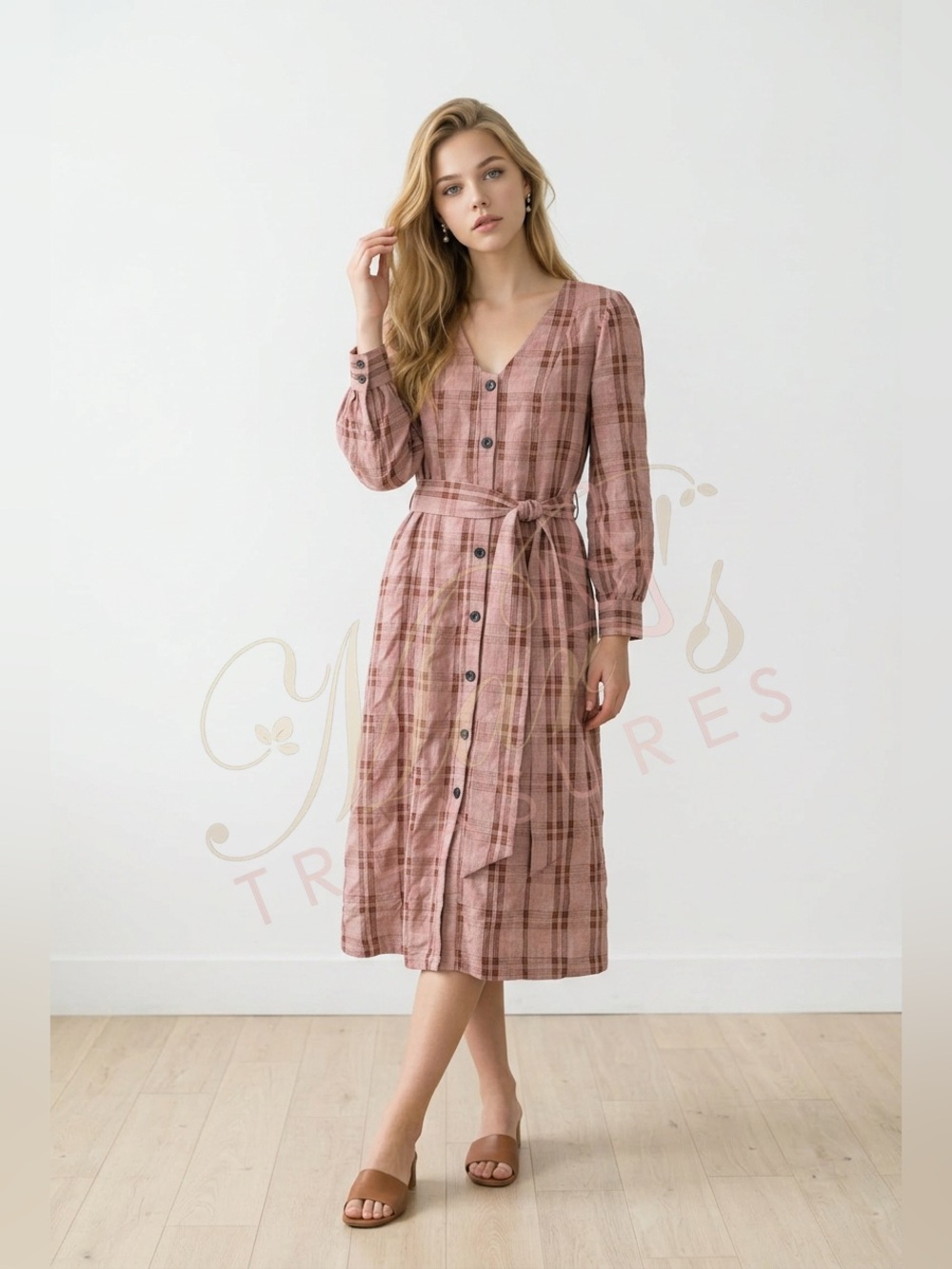 NWT Moodie Checkered Long Sleeve Dress Tie Waist Sz S